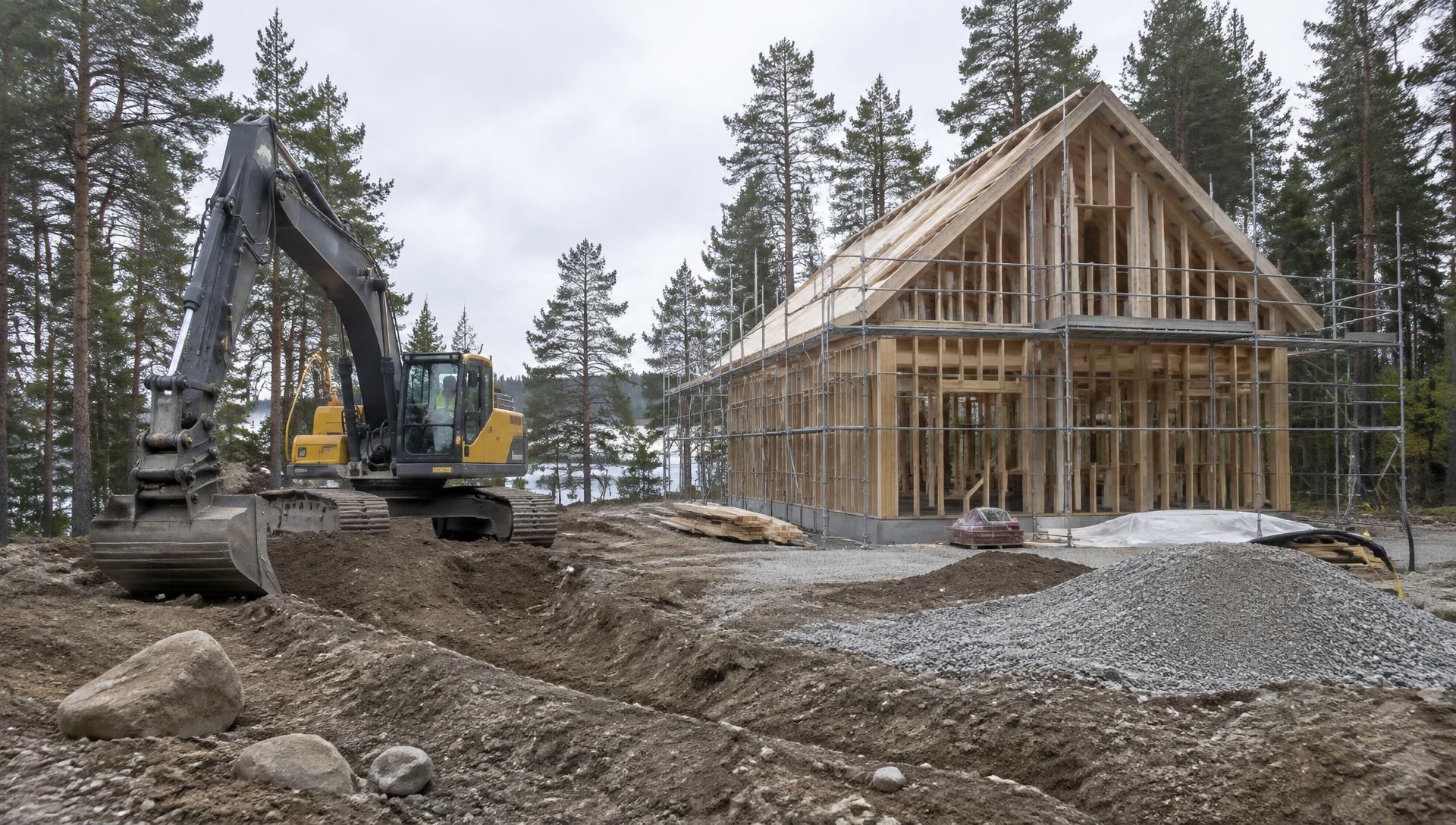 Markarbete med grävmaskin vid ett hus under konstruktion